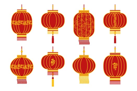 Set of colorful red Chinese lanterns with golden dragons and ornaments. Decor elements