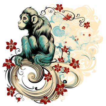 Portrait of a monkey surrounded by flowers and plants in decorative art style