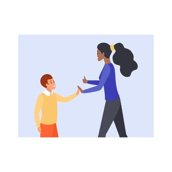 Adult woman and boy give high five, gesture of friendship and nonverbal communication
