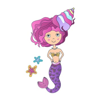 Adorable little fairy mermaid with purple tail and spiral shell in hair