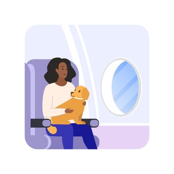 Woman sitting in airplane seat by window holding dog in arms