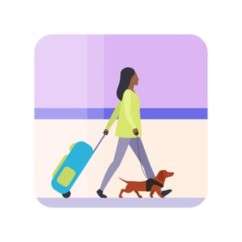 Woman walking with suitcase in airport, girl holding leash with dog