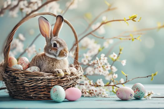 photo Easter bunny and basket with eggs on pastel background