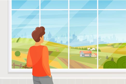 Man looking out window at summer countryside landscape and city on horizon. Young male character standing alone and thinking, boy enjoying calm and peaceful view at home cartoon vector illustration