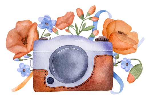Retro photo camera with poppy flowers