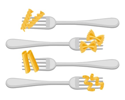 Set of forks with spaghetti and pasta on a white background. Food logos, restaurant menu icons.