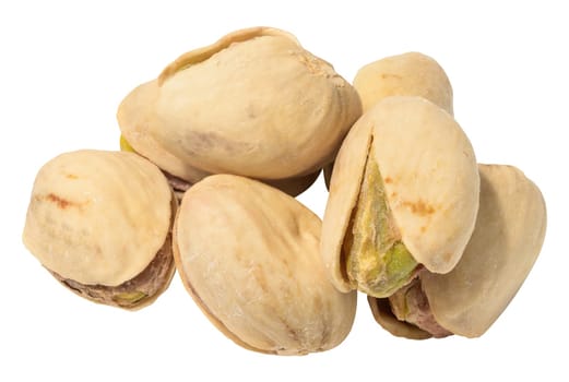 Fried salted pistachios in shell on white isolated background