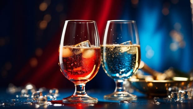 Champagne and ice on a red and blue background