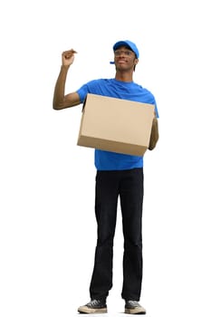 A male deliveryman, on a white background, full-length, with a box