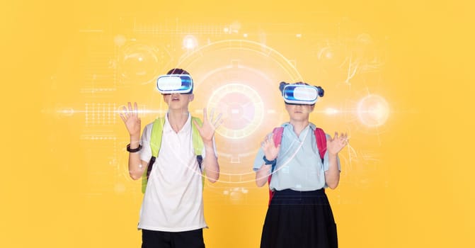 Teenage students in school uniforms with backpacks are engaged with virtual reality