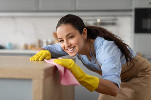 Smiling european woman in blue shirt cleaning with pink cloth