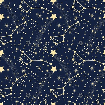 Seamless pattern, moon, constellations, stars and scattering of stars on a background of the night sky. Background
