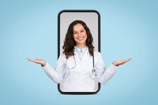Doctor in smartphone frame with hands raised