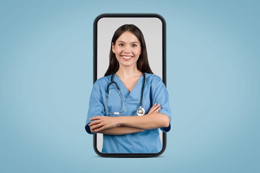 Smiling nurse in virtual screen, healthcare app