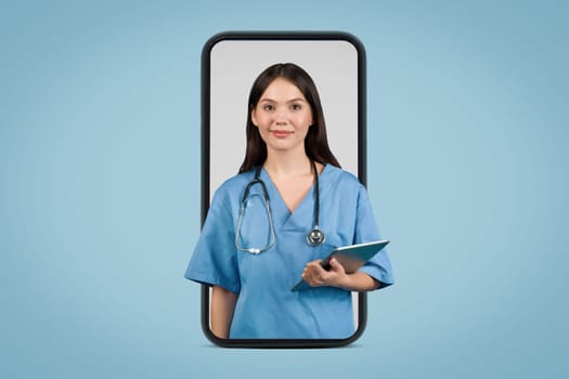 Smiling nurse with tablet on phone screen, blue background