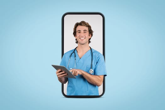 Cheerful nurse with tablet on blue backdrop, health tech concept