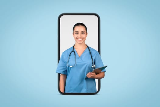 Female doctor with clipboard in giant phone screen