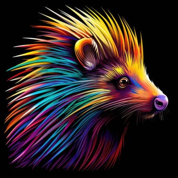 Porcupine in bright psychedelic pop art style isolated on black background.