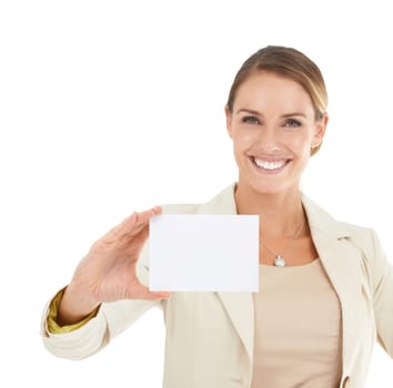 Smile, portrait or businesswoman with card mockup for a sale, promotion offer or logo advertising deal. Signage, plain bulletin board or happy lady with blank space in studio on white background