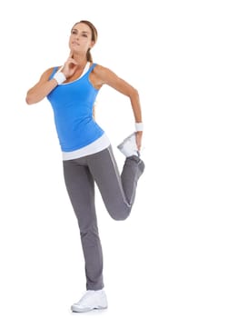 Fitness, pulse and woman stretching in studio for leg exercise, training or workout. Sports, health and young female person with muscle warm up for wellness activity isolated by white background.