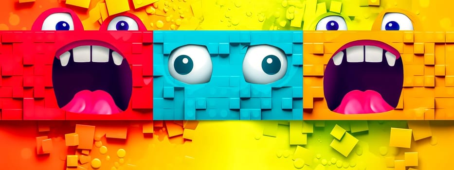 three expressive faces made out of blocks. The vibrant colors and playful design could be interpreted as a modern, digital take on pixel art, often seen in video game graphics and contemporary