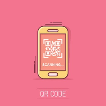 Qr code scan phone icon in comic style. Scanner in smartphone vector cartoon illustration on white isolated background. Barcode business concept splash effect.