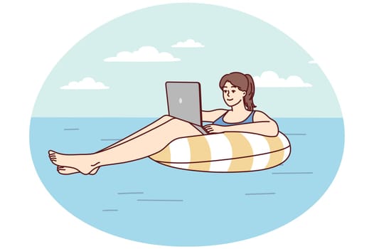 Successful woman floats on air mattress in sea with laptop on lap in sunny resort. Vector image