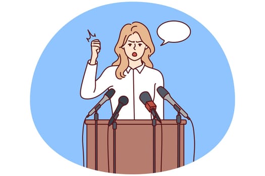 Woman politician speaks stands near wooden tribune with microphones and waving hand. Vector image