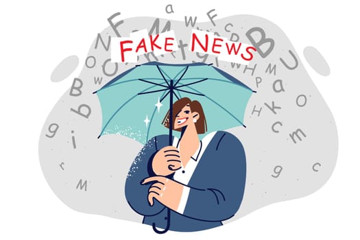 Woman trying to escape from fake news by holding umbrella over head to not listen misinformation