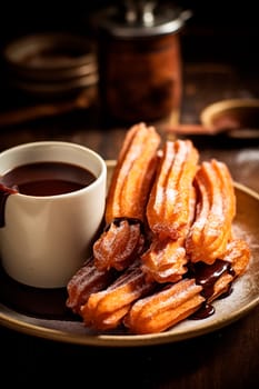 churros with chocolate. Selective focus.