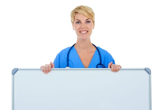 Doctor, woman and portrait, whiteboard for advertising and healthcare info with presentation on white background. Medical professional with announcement, mockup space for ads and smile in studio