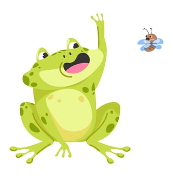 Frog catching fly, funny aquatic animal character