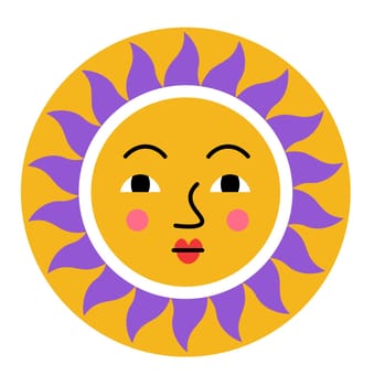 Funny cartoon sun character, isolated circle personage with sunrays radiating. Rounded shape emoticon with comic muzzle expression for communication. Heat summer or spring symbol. Vector in flat style