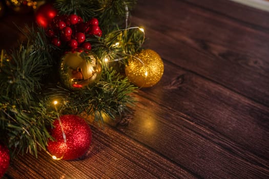 Christmas Decoration Over Wooden Background. Decorations over Wood, Copy-space