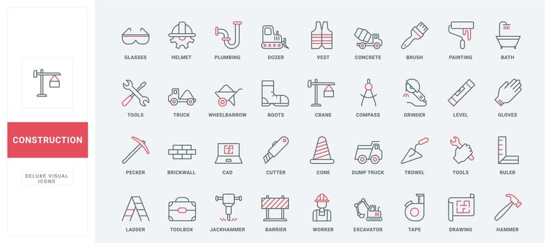 Construction site tools and equipment line icons set, contractors safety helmet and boots