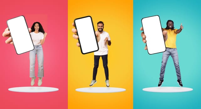 Great Offer. Excited Multiethnic People Holding Big Smartphones With Empty White Screen