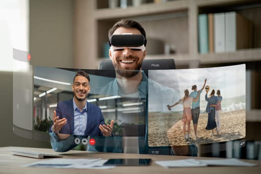 businessman immersed in virtual video meeting with VR headset indoor