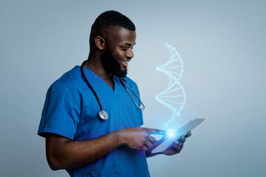 Progress of diagnostics healthcare. Professional young black man doctor studying virtual DNA strand on digital tablet