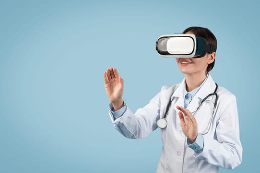 Doctor exploring with VR headset in lab coat, free space