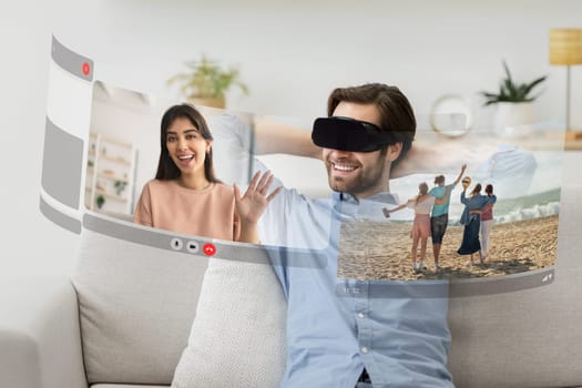 Young man wearing VR headset enters the virtual realm, connecting with girlfriend through video conversations at home