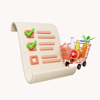 3d Shopping list with correct mark and shopping shopping cart. Order checklist task clipboard for store. icon isolated on white background. 3d rendering illustration. Clipping path..