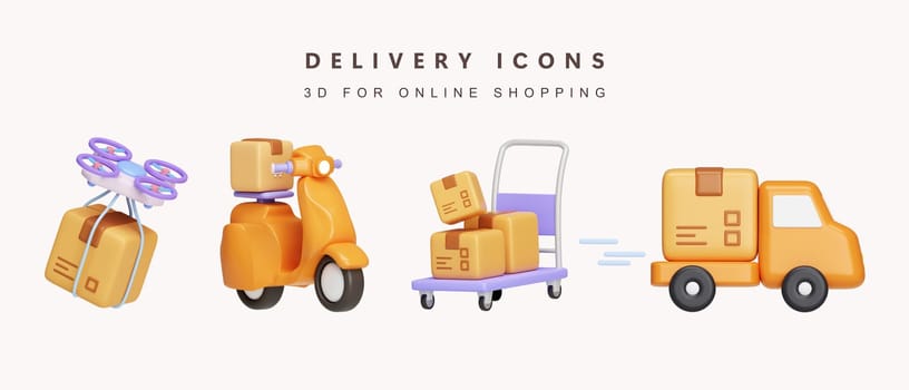 3d Set of delivery for shopping online concept. icon isolated on white background. 3d rendering illustration. Clipping path..