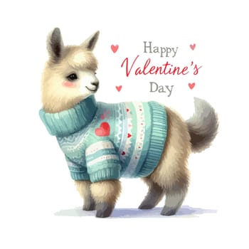 Watercolor Valentine's Day card, children's illustration with animal llama.
