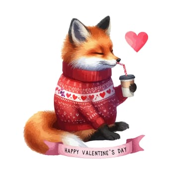 Watercolor Valentine's Day card, children's illustration with animal fox.