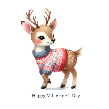Watercolor Valentine's Day card, children's illustration with animal deer.
