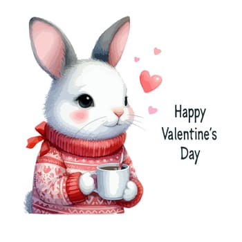 Watercolor Valentine's Day card, children's illustration with animal rabbit.