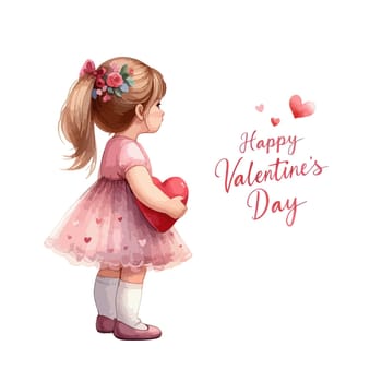 Watercolor Valentine's Day card, children's illustration with girl.