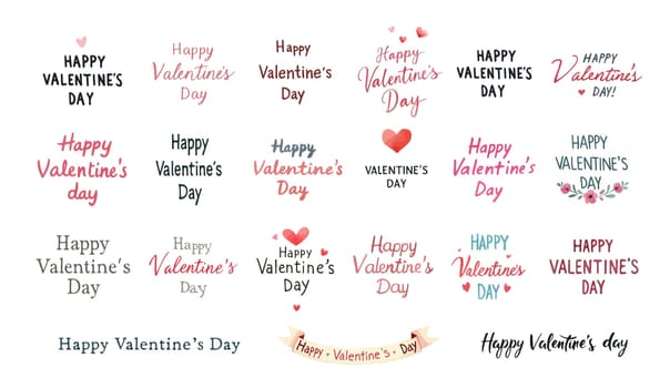 Set of Valentines day text with heart pattern and calligraphy typography. Happy Valentines Day.