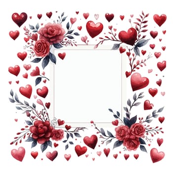 Vector square frame made of hand painted watercolor hearts and flowers. Cute and romantic, perfect for Valentines day greeting.