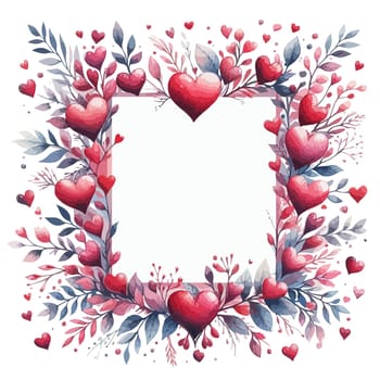 Vector square frame made of hand painted watercolor hearts and flowers. Cute and romantic, perfect for Valentines day greeting.